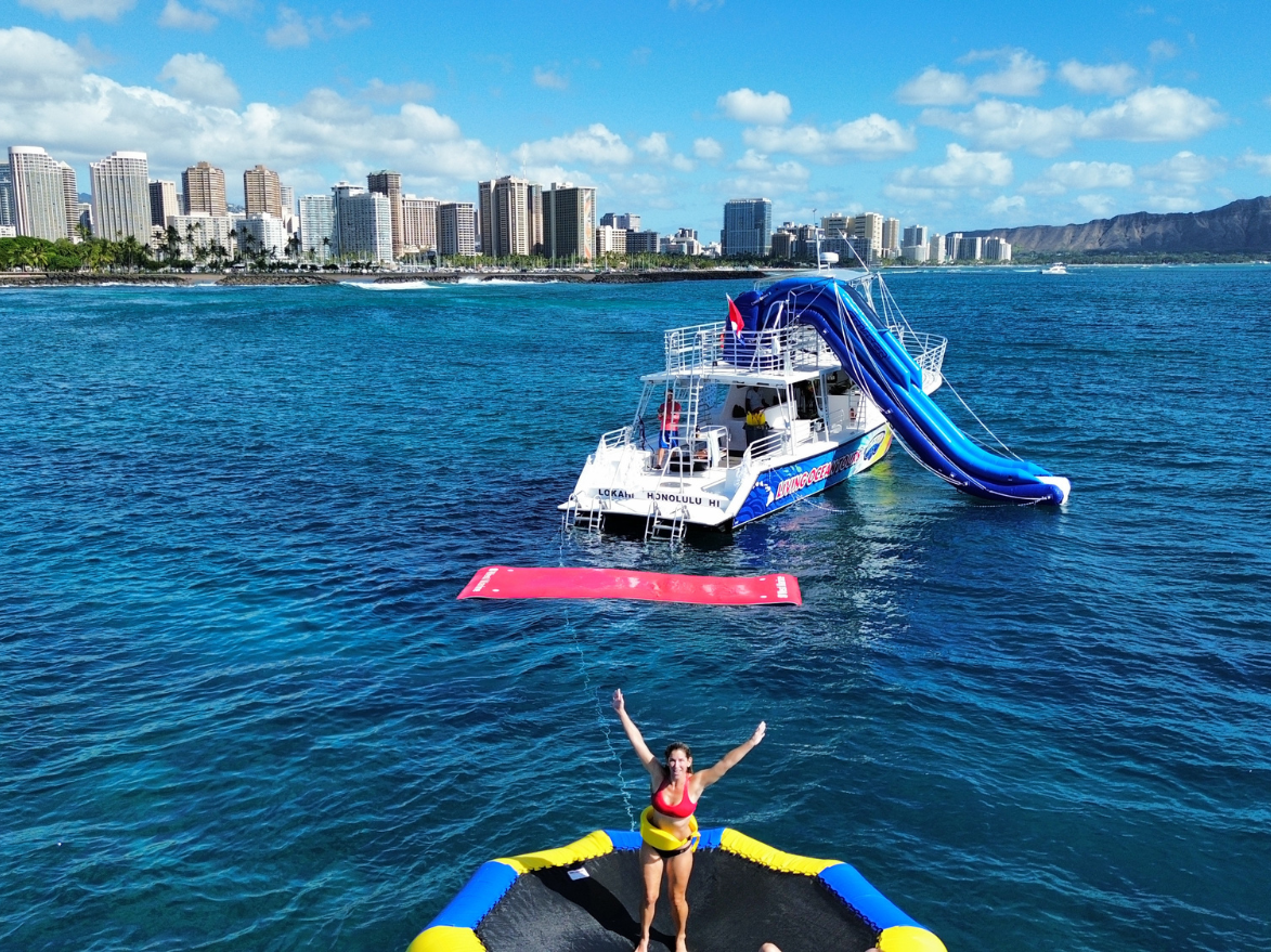 living ocean tours double decker tour boat with waterslide, lily pad and water trampoline