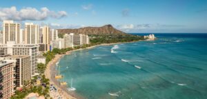 Waikiki Beach and city up against the water in Oahu